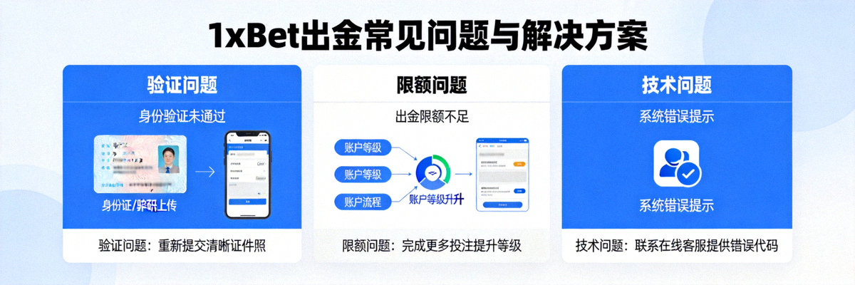 1xBet 出金常見問題與解決方案圖解，包含驗證、限額與技術問題處理