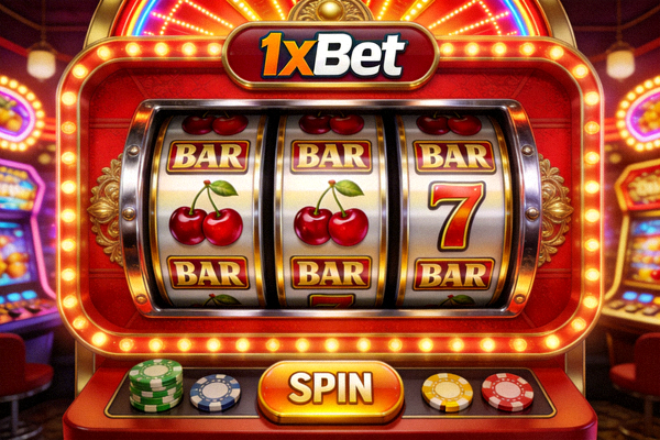 1xBet 平台上經典水果主題老虎機遊戲畫面展示，包含櫻桃、BAR 與七號符號