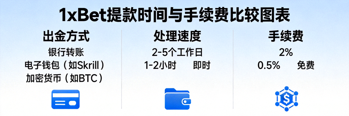 1xBet 提款時間與手續費比較圖表，顯示不同出金方式的處理速度與費用